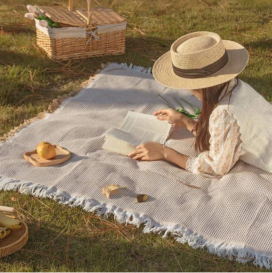Woven Picnic Blanket in White Plaid with Tassel Edge for Outdoor Use