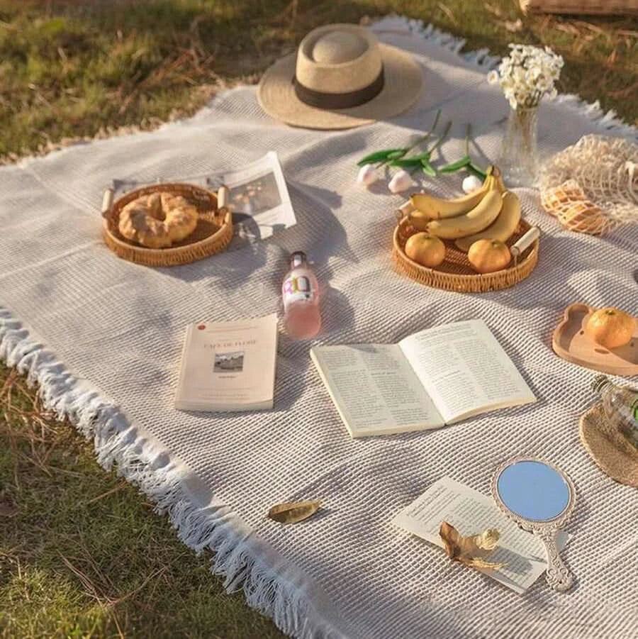 Woven Picnic Blanket in White Plaid with Tassel Edge for Outdoor Use