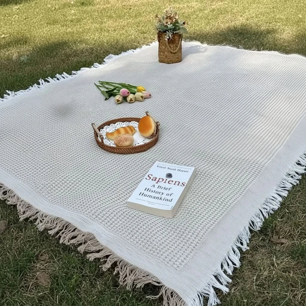 Woven Picnic Blanket in White Plaid with Tassel Edge for Outdoor Use