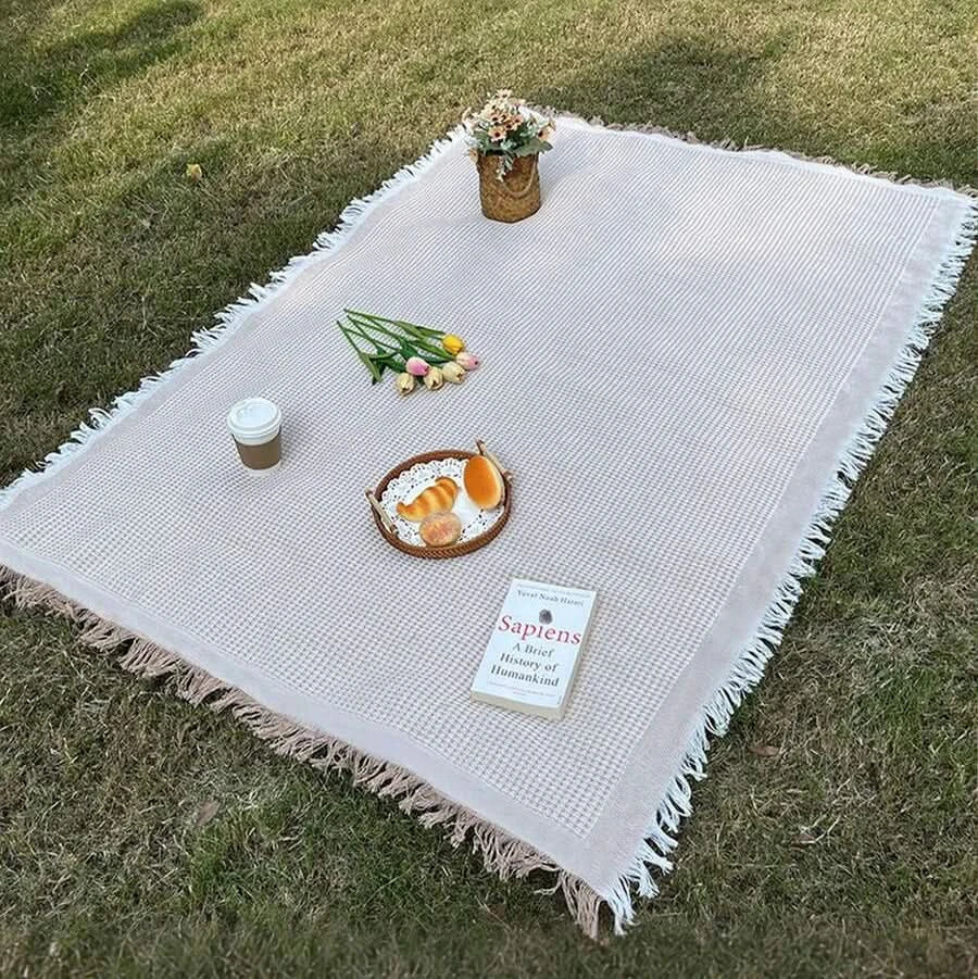 Woven Picnic Blanket in White Plaid with Tassel Edge for Outdoor Use