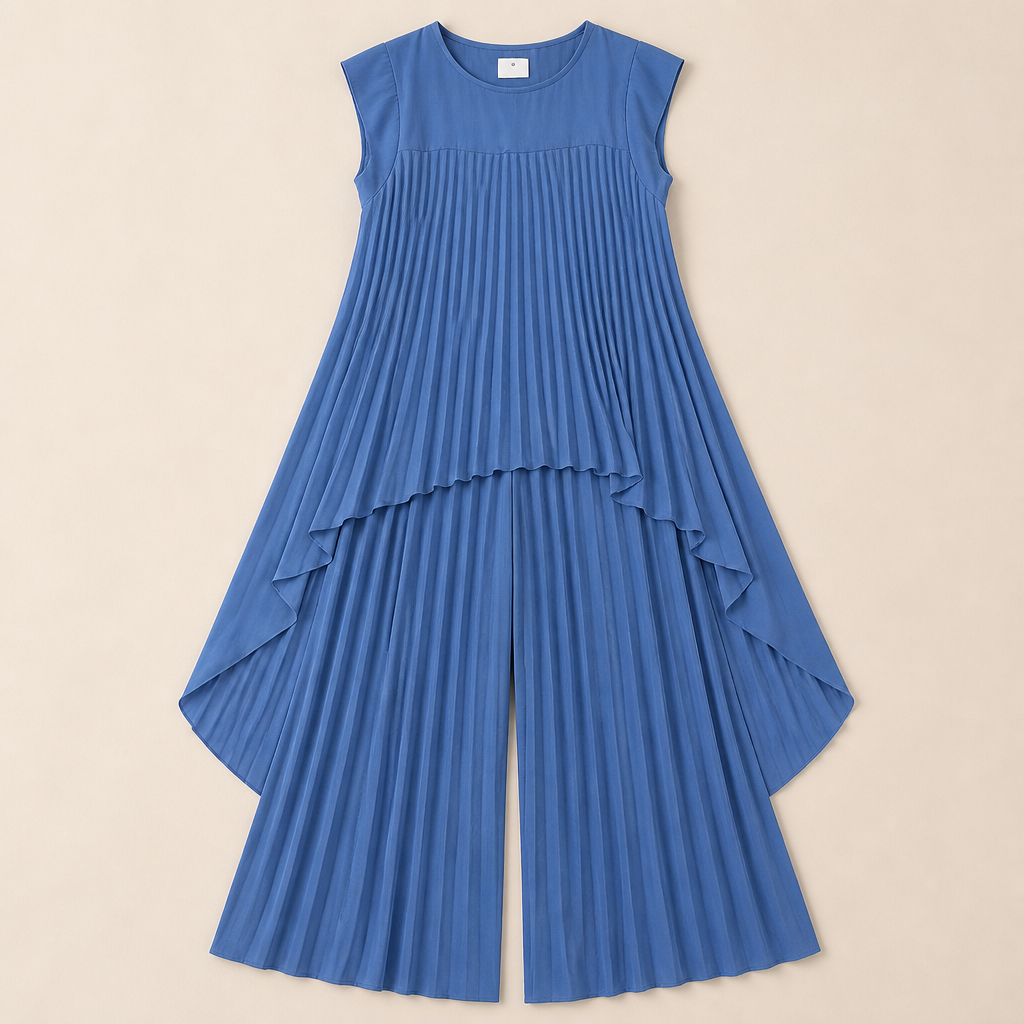 NovaLuma™ – Breezy Pleated Two-Piece Set Featuring Asymmetric Hem