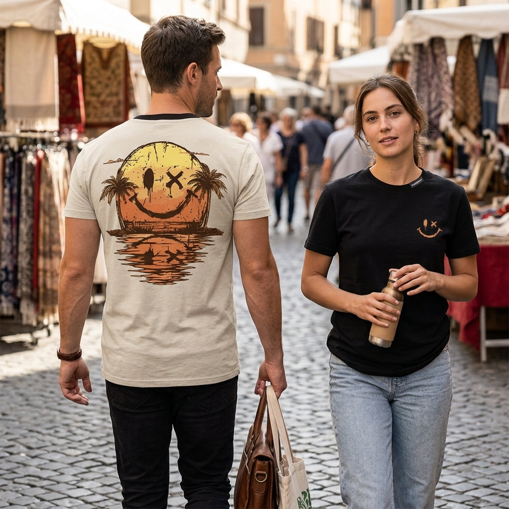 SolaraWave™ – Retro Sunset Smiley Graphic Tee with Front & Back Print