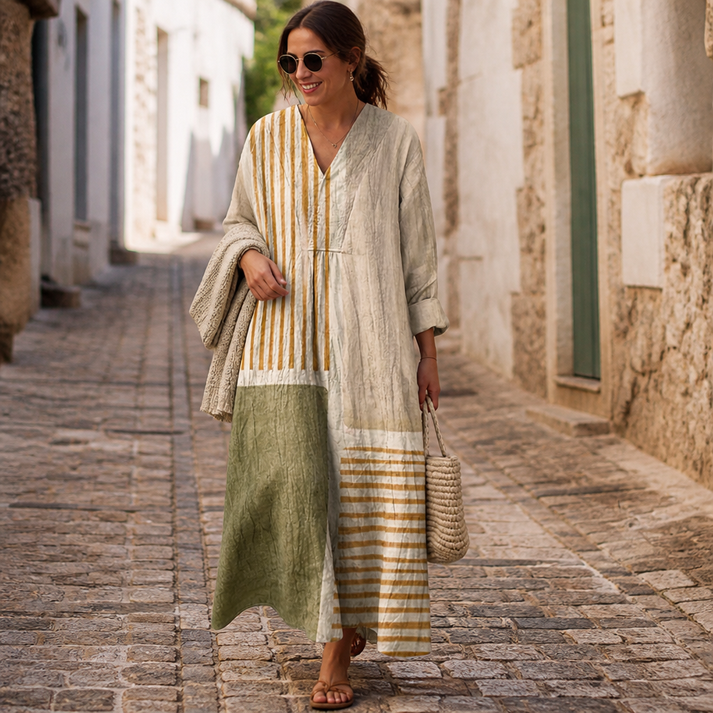 ZephyraFlow™ – Relaxed Striped Patchwork Linen Maxi Dress