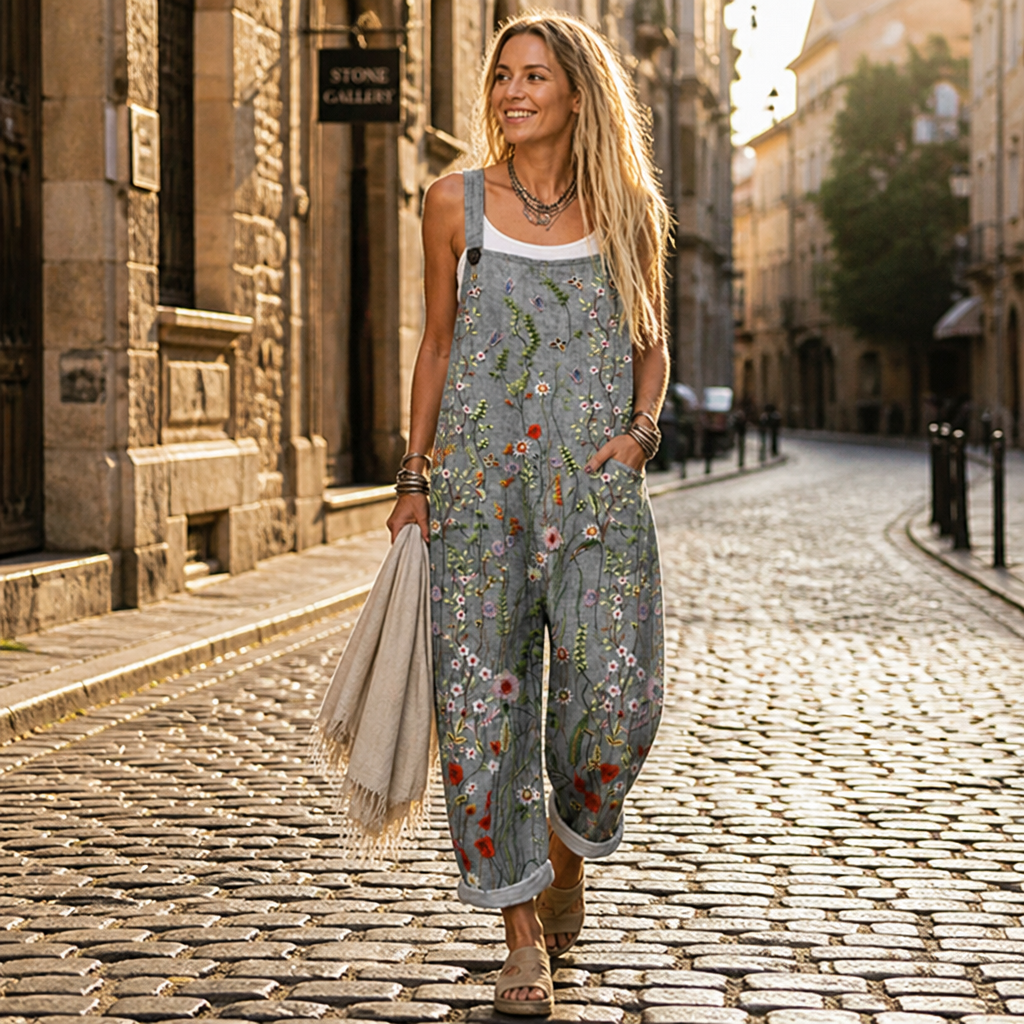 VivaEase™ – Relaxed Wide-Leg Printed Dungarees with Adjustable Straps