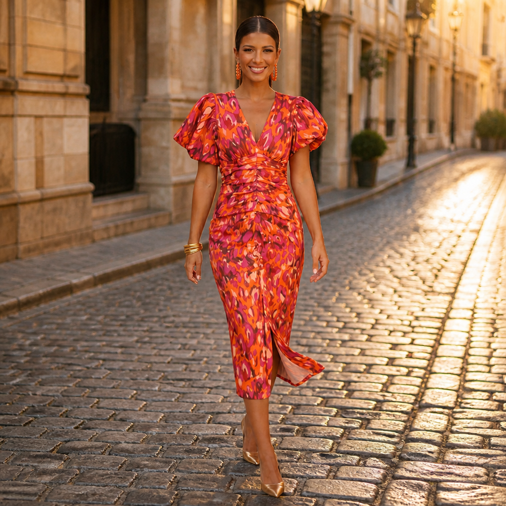 LuminaLuxe™ – Vibrant Printed Midi Dress with Puff Sleeves