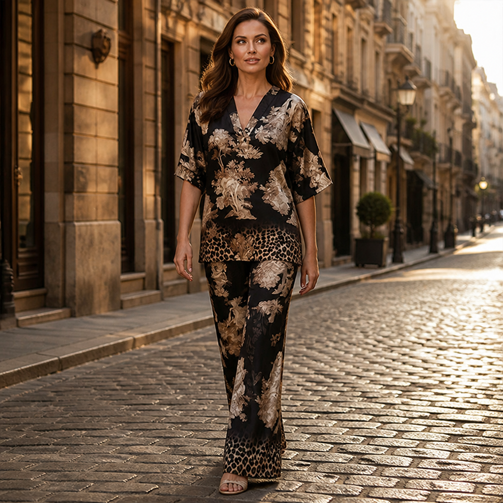Lumiera™ – Elegant V-Neck Two-Piece Set with Signature Print