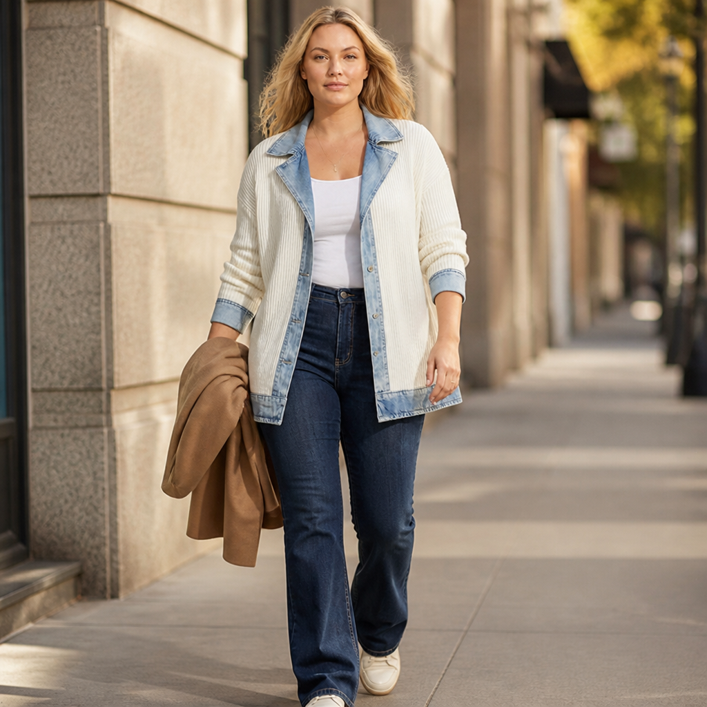 SolaceRidge™ – Soft Ribbed Knit Jacket with Contrast Denim Trim