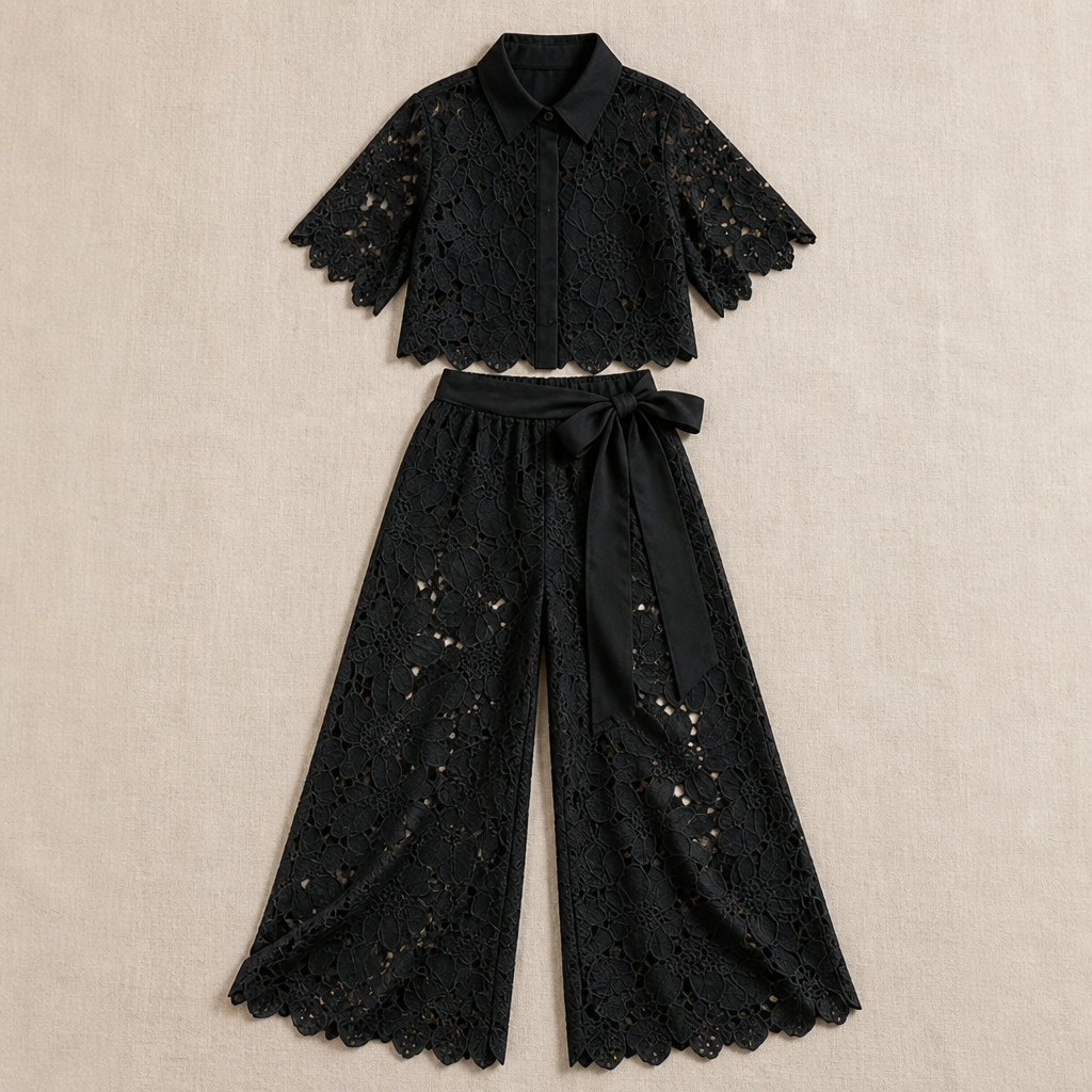 ArlenaBreeze™ – Elegant Floral Crochet Lace Set with Tie-Waist Wide-Leg Pants
