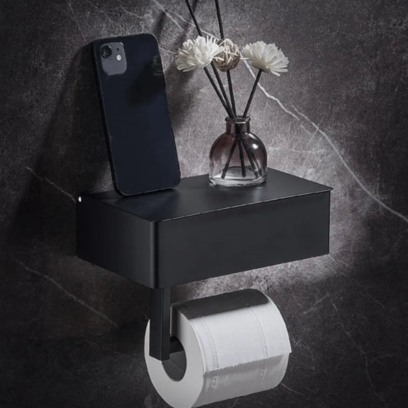 Toilet Roll Holder | Wall-Attached with Shelf | No-Drill Setup with Box | Rolluxe