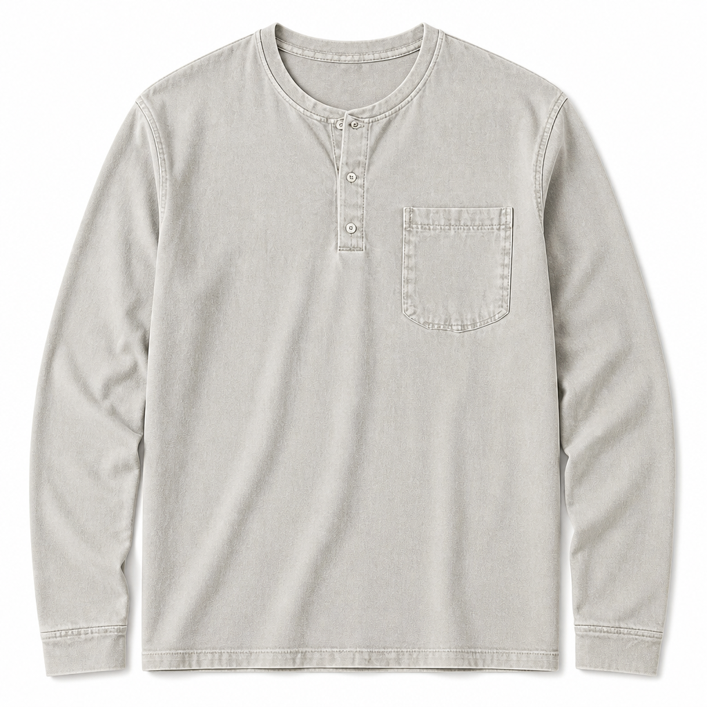 VeroVibe™ – Long Sleeve Henley in Vintage Wash with Chest Pocket