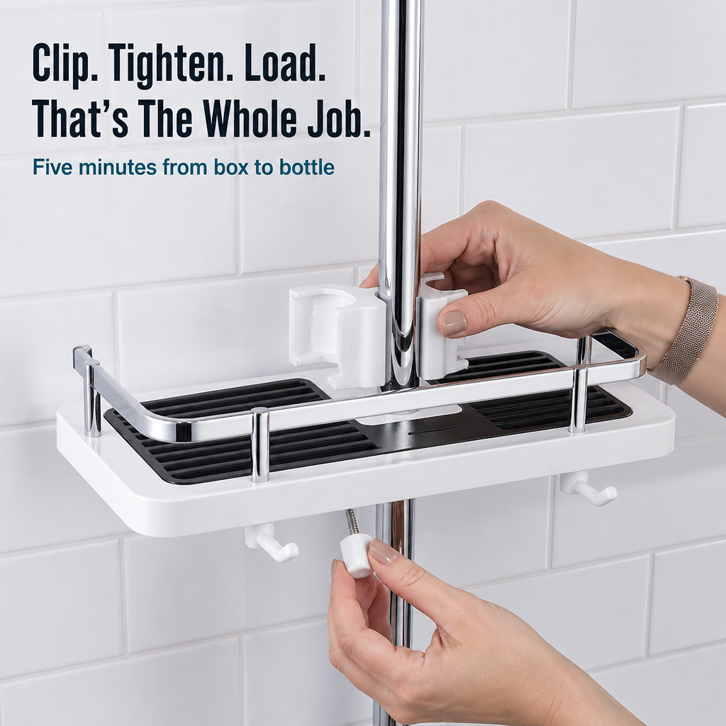 AquaNest™ — Snap One Adjustable Tray onto Your Shower Pipe, No Drilling