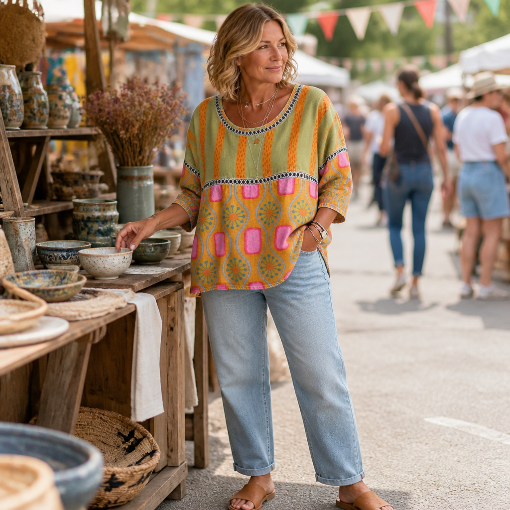 VivaLuxe™ – Boho-Inspired Mixed-Print Relaxed Fit Top with 3/4 Sleeves