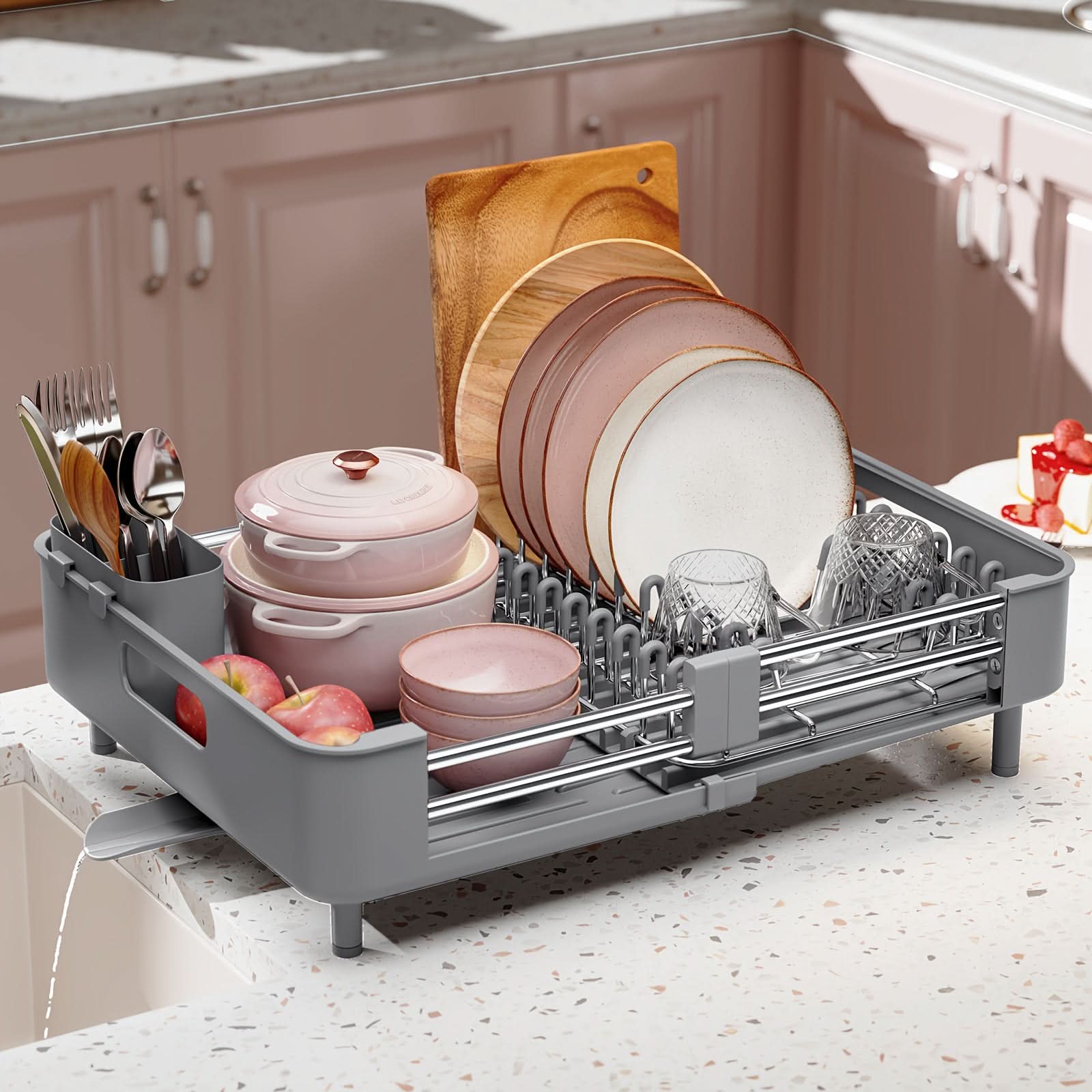 Expandable Dish Rack with Drainage Spout for Easy Drying