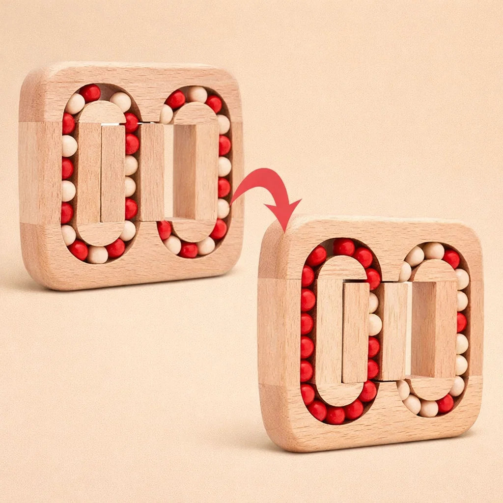 Wooden puzzle game with rotating pieces
