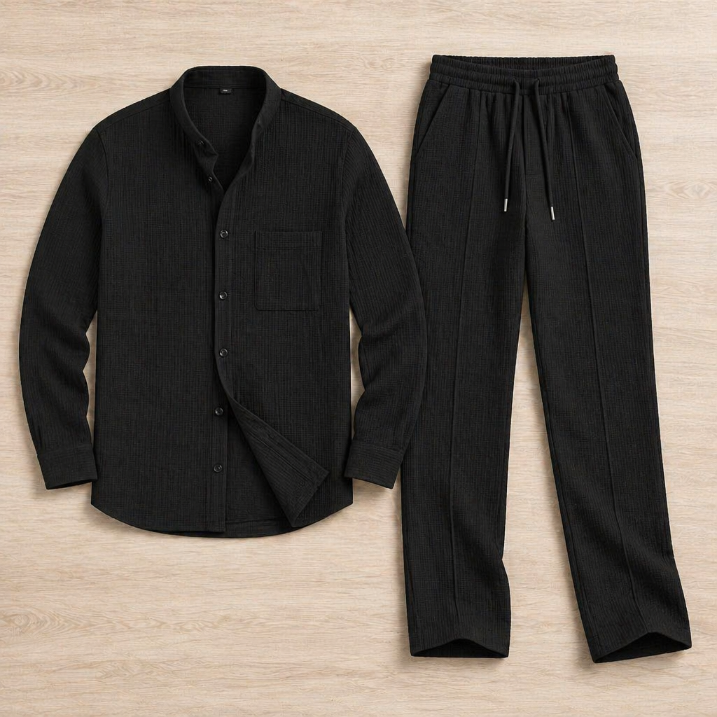 AnyWear™ – Casual Waffle-Knit Shirt & Pants Set Featuring Mandarin Collar