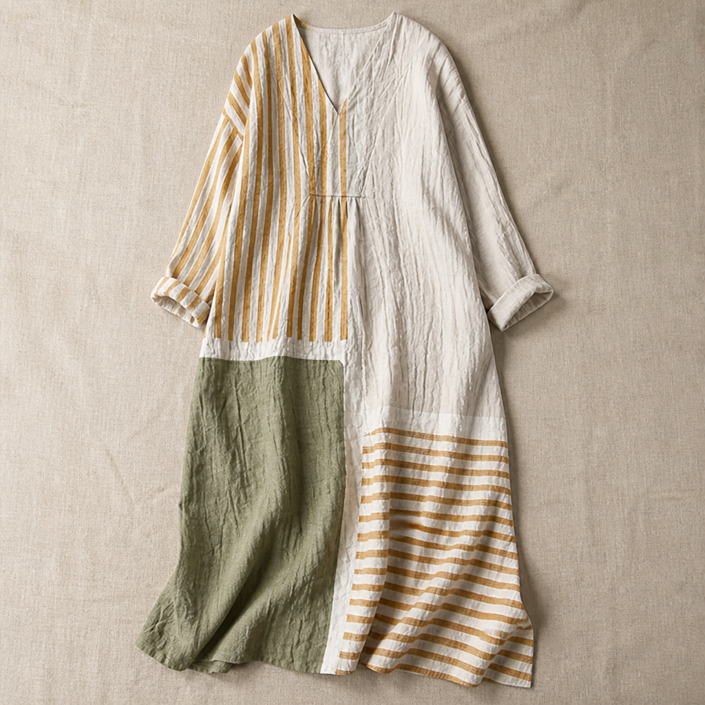 ZephyraFlow™ – Relaxed Striped Patchwork Linen Maxi Dress