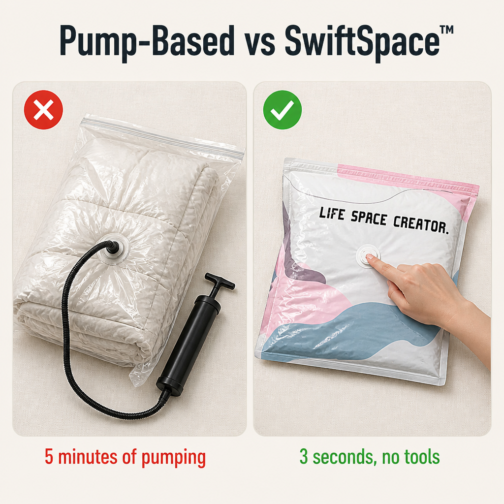 SwiftSpace™ — Compress Comforters, Coats & Bedding Down to One-Fifth Their Size, No Pump Needed