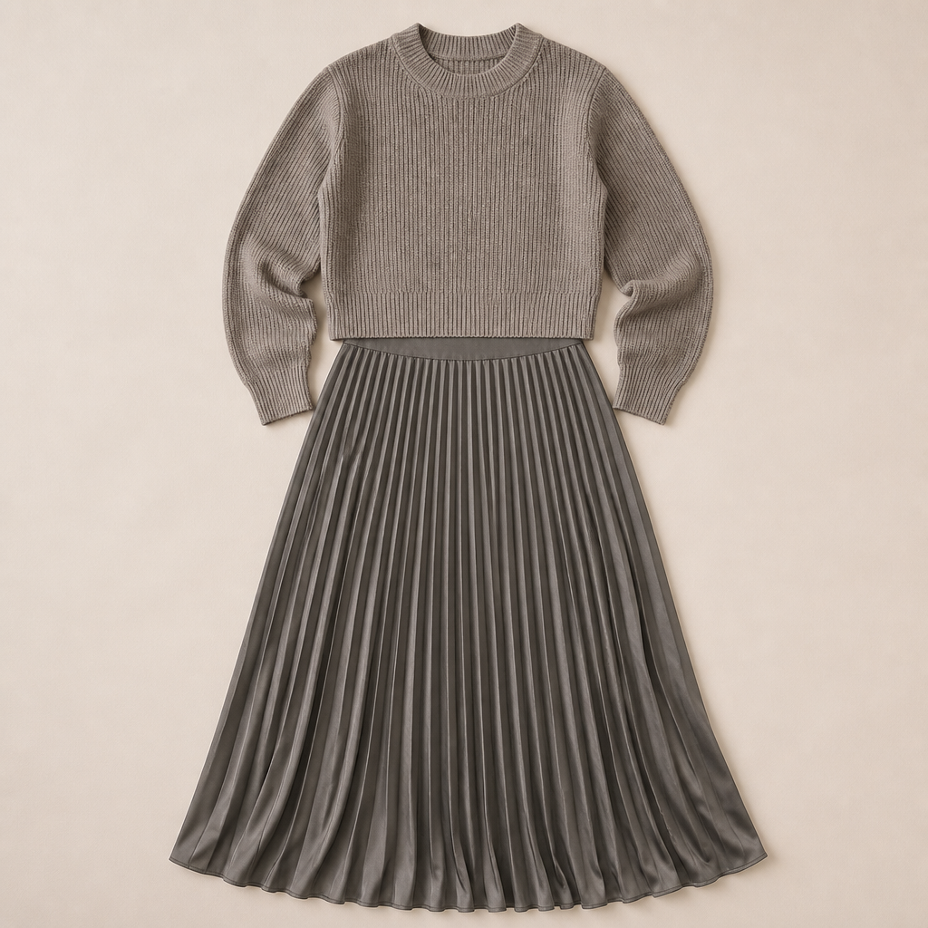 VelaLift™ – Chic Pleated Maxi Skirt Ensemble with Cropped Knit Top