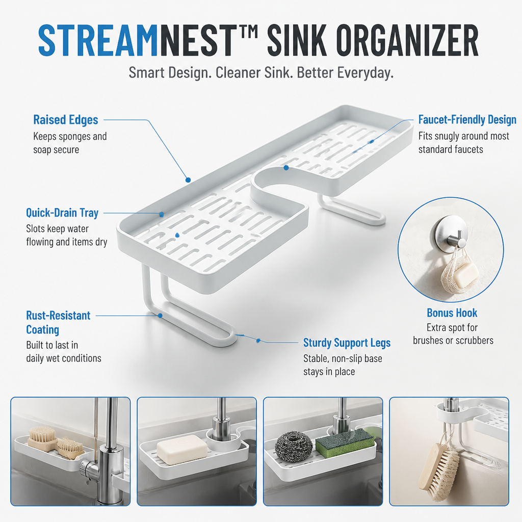 StreamNest™ — Instantly Declutter Your Sink for a Fresher, Calmer Kitchen Every Day