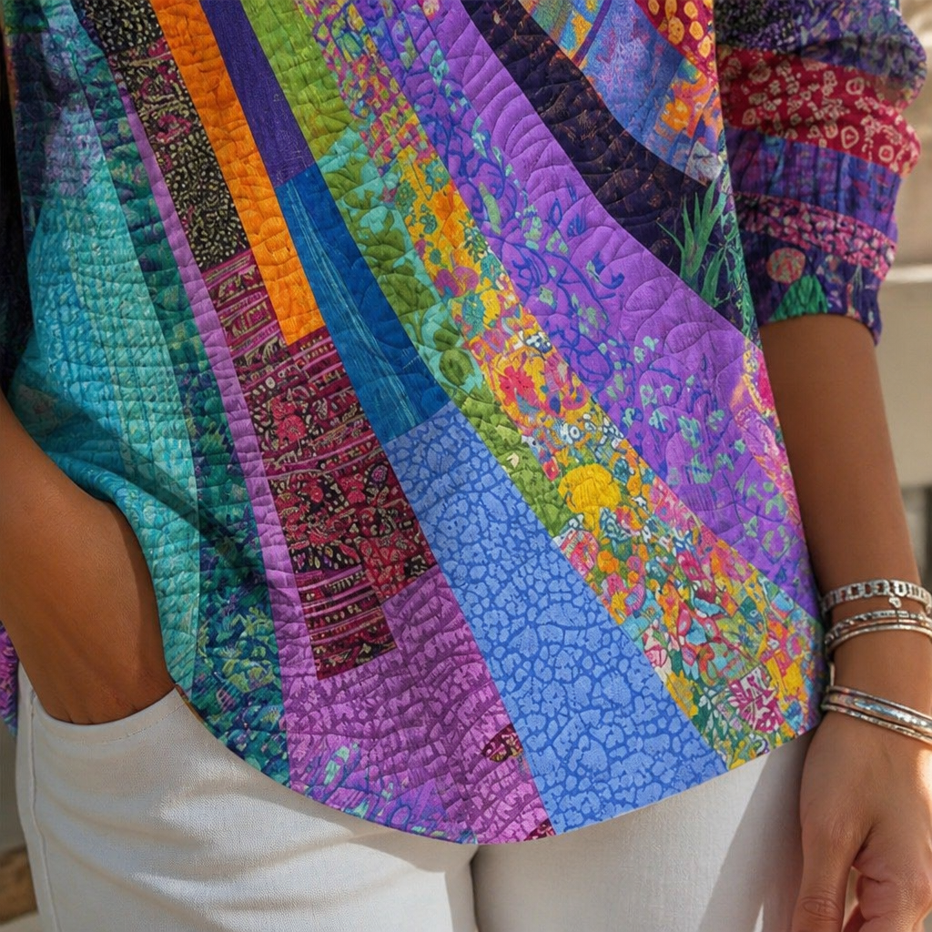 LuxeVera™ – Radiant Sunburst Patchwork V-Neck Blouse
