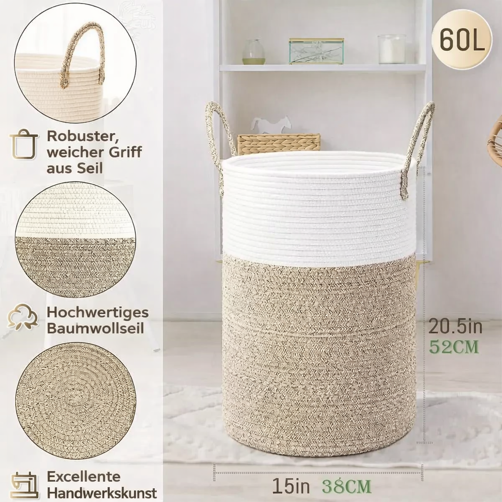 Collapsible Cotton Basket | 60L Laundry Hamper | Stylish Storage | RopeBasket