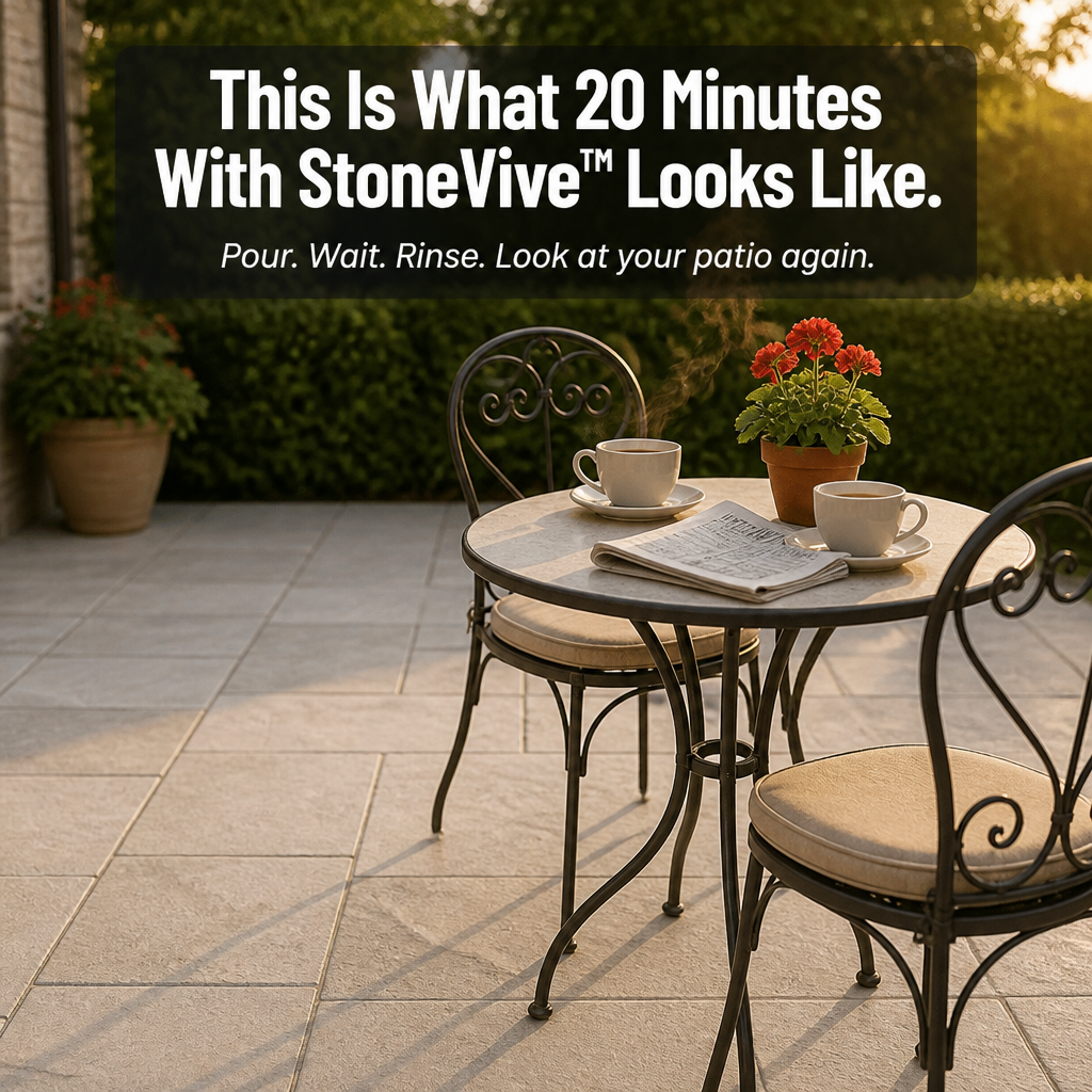 StoneVive™ — Wash Away Years of Patio Dirt from Stone in a Single Rinse