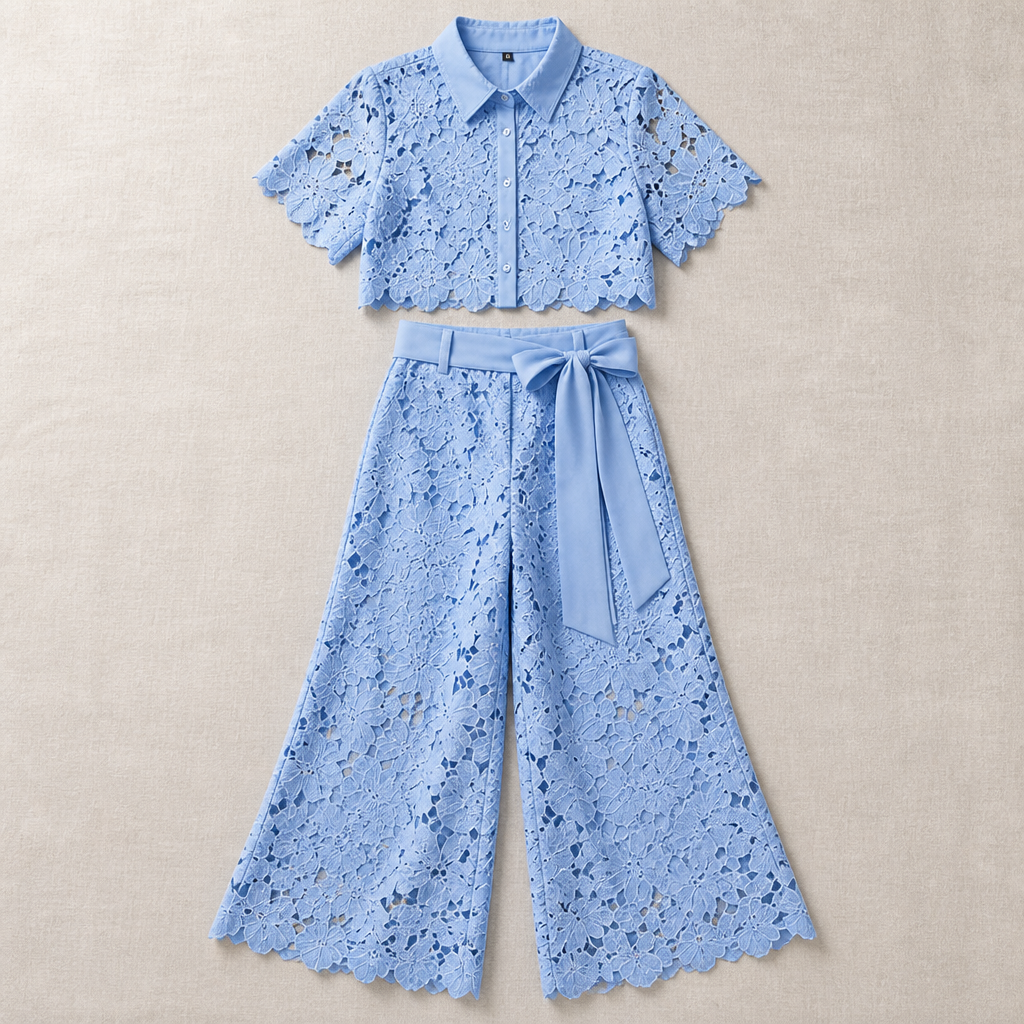ArlenaBreeze™ – Elegant Floral Crochet Lace Set with Tie-Waist Wide-Leg Pants
