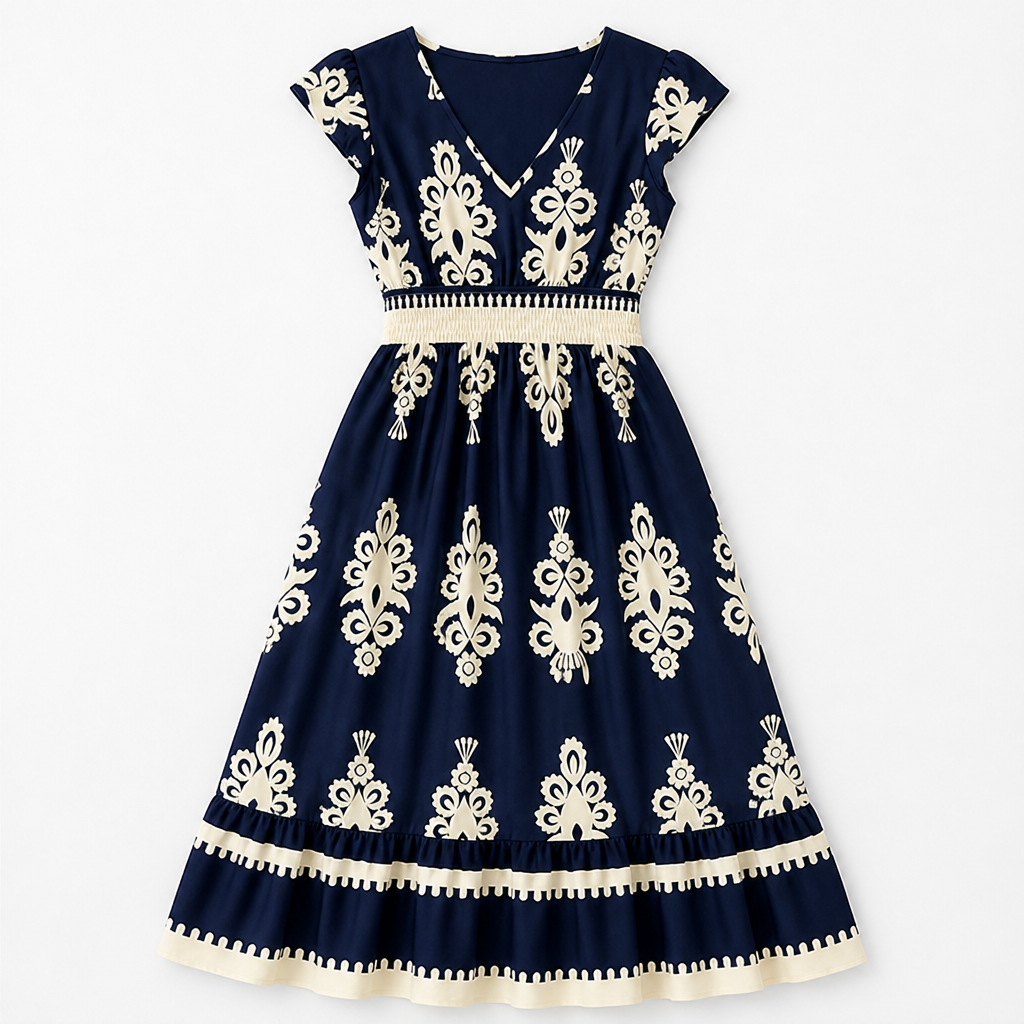 LuminaSway™ – V-Neck Maxi Dress with Vintage Baroque Print