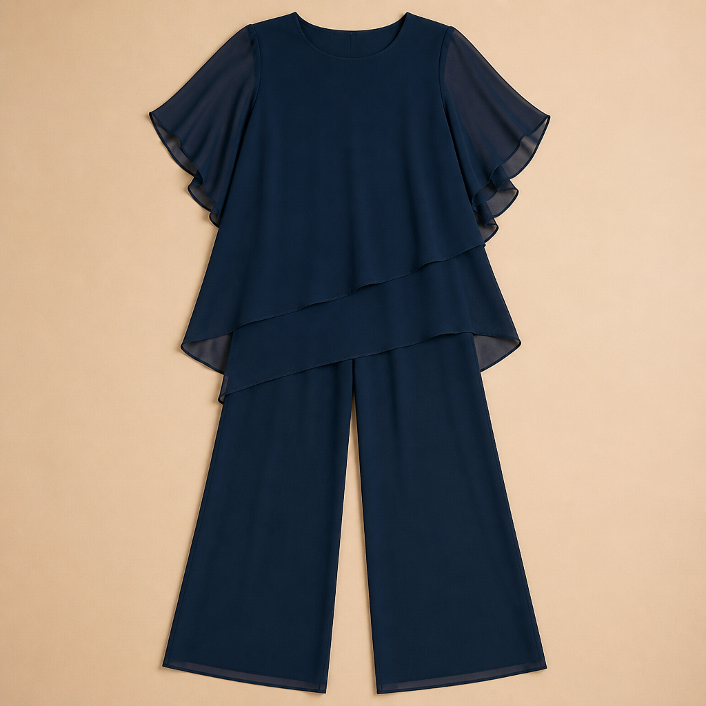 VeloraFit™ – Stylish Asymmetric Chiffon Two-Piece Pant Ensemble