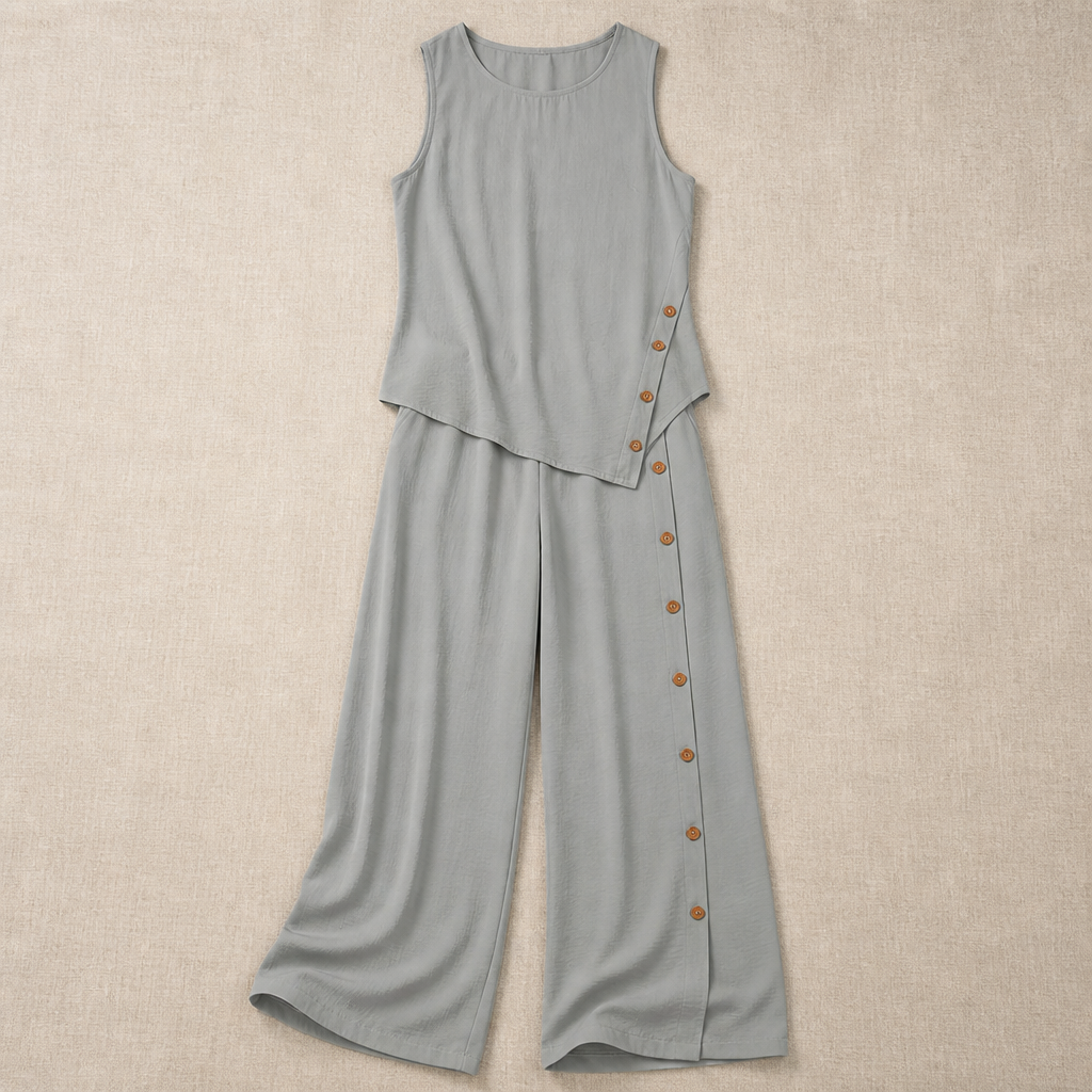 VivaLuxe™ – Breezy Wide-Leg Two-Piece Set with Asymmetric Button Detail