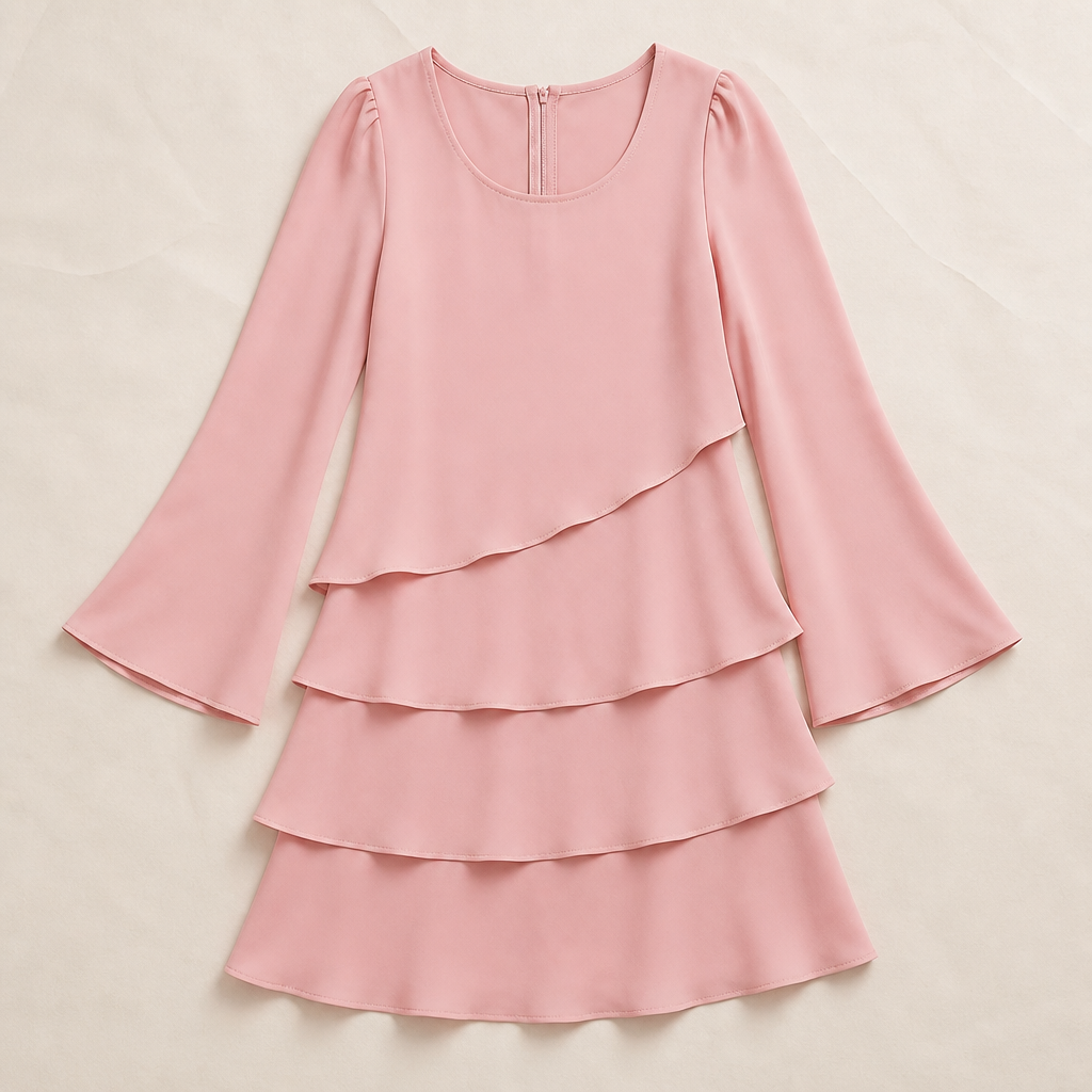 LumaBella™ – Sophisticated Layered Chiffon Dress with Flowing Bell Sleeves
