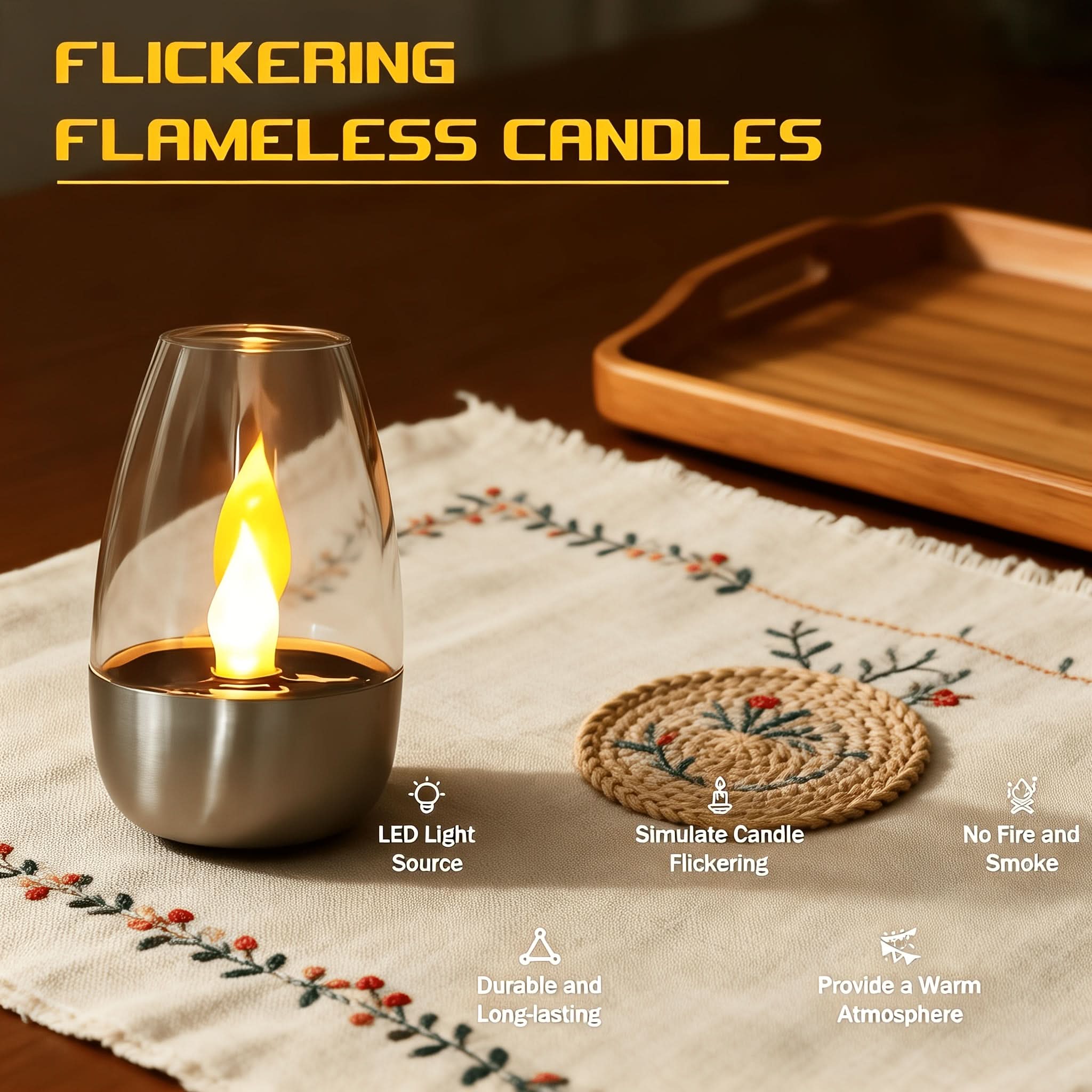 Solar LED Candle Light with Stainless Steel Design and Simulated Flame