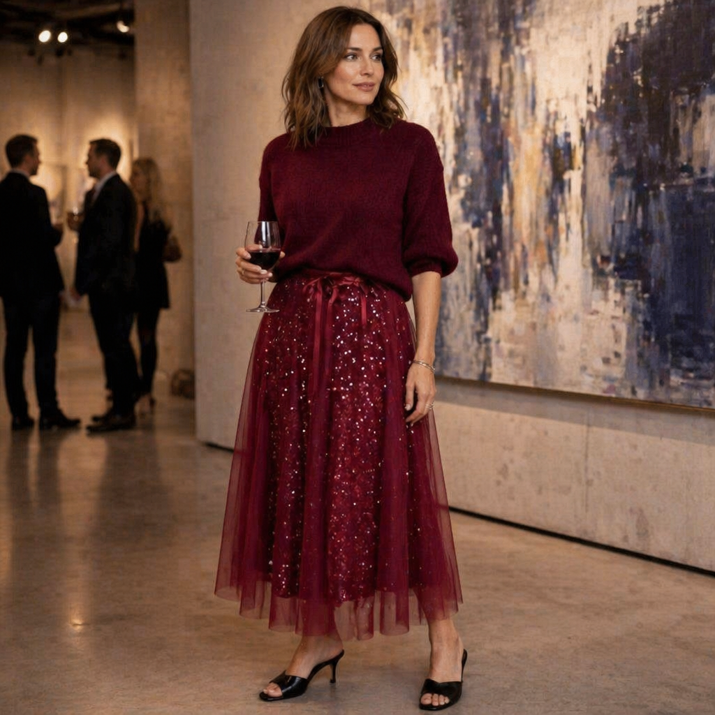 Soraya™ – Sparkling Sequin Tulle Midi Skirt & Snug Knit Sweater Set