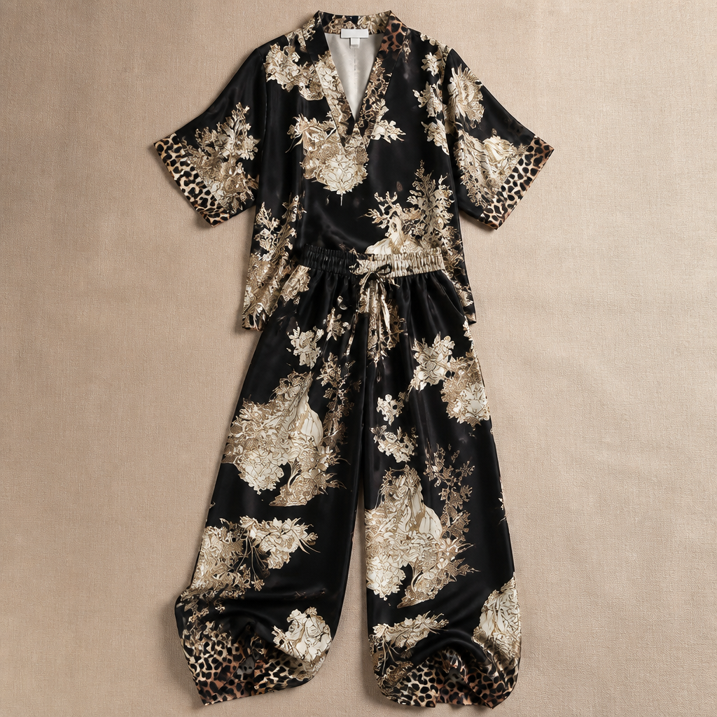 Lumiera™ – Elegant V-Neck Two-Piece Set with Signature Print
