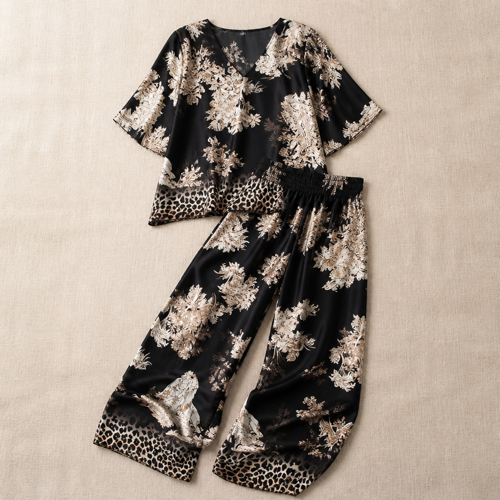 SereniSilk™ – Flowy Satin Floral V-Neck Top & Wide-Leg Pant Set