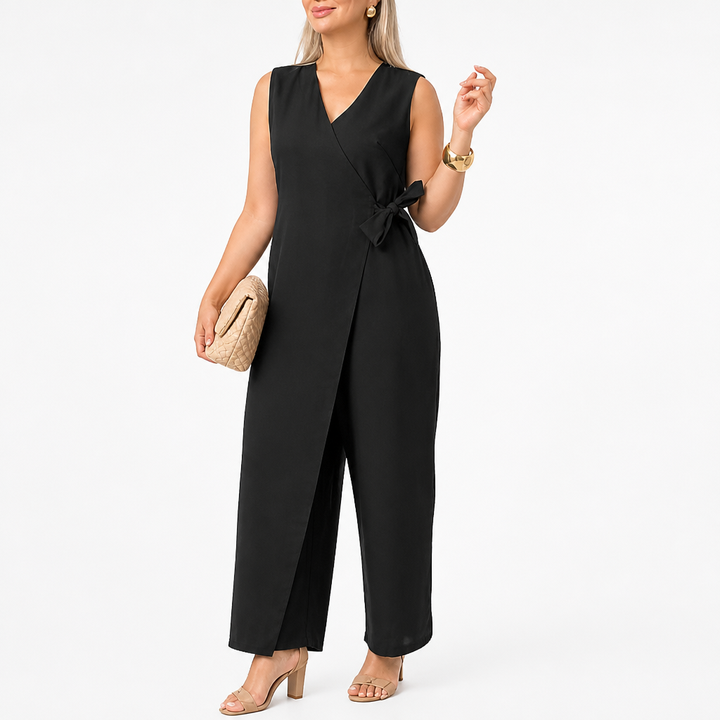 SereneSilhouette™ – Chic Sleeveless Wrap-Front Jumpsuit Featuring Side Tie