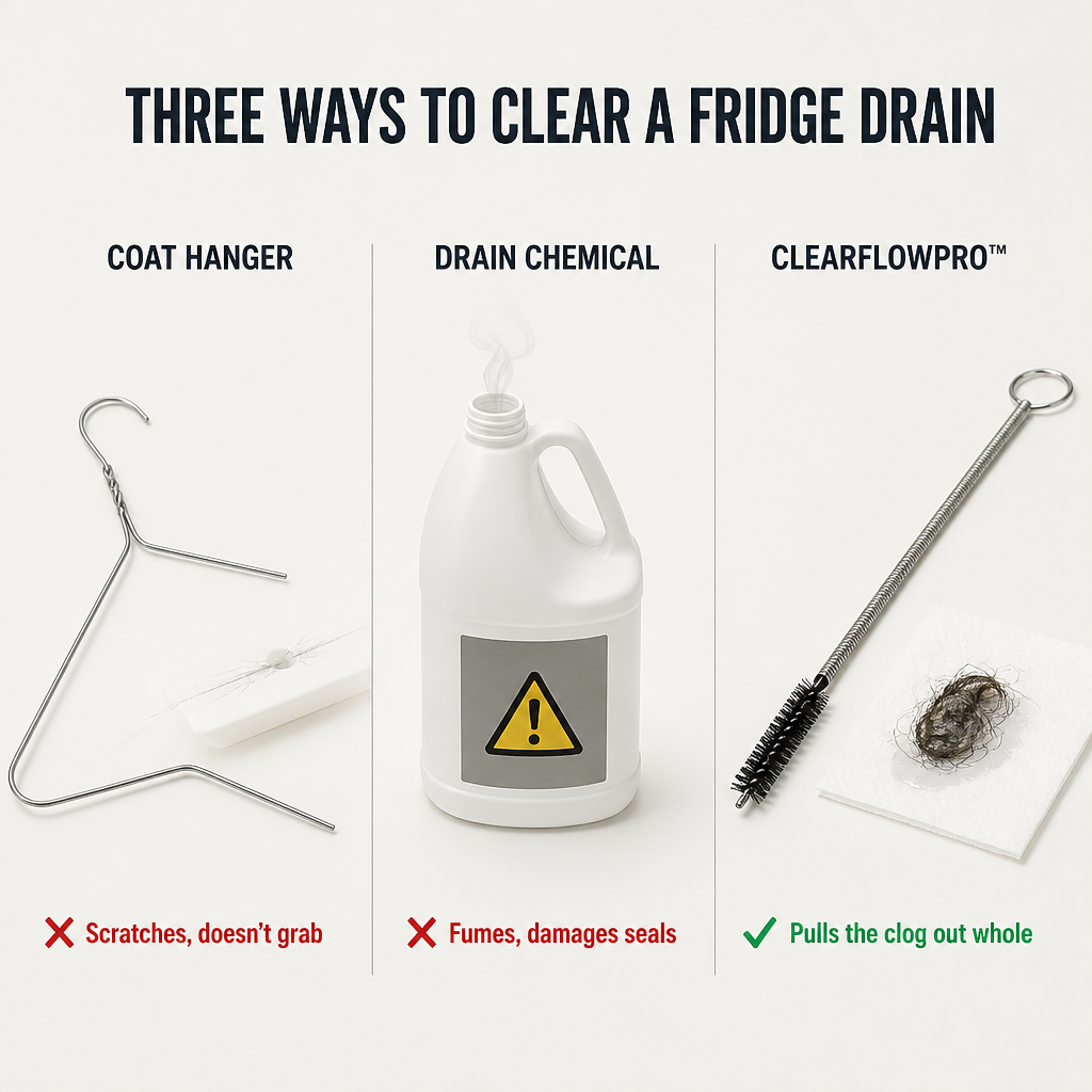 ClearFlowPro™ — Eliminates Hidden Drain Grime and Prevents Fridge Water Pooling Permanently