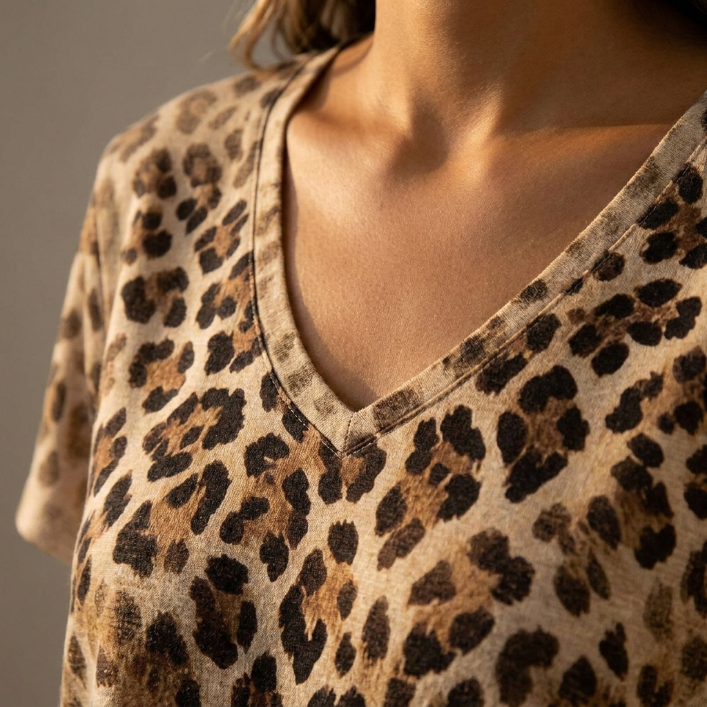 FierzaWear™ – Easygoing Leopard Print V-Neck Tee with Cutout Accent