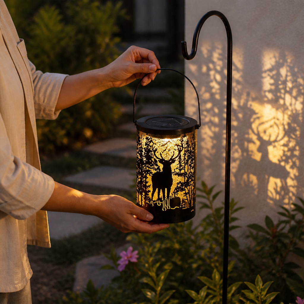 Solar Rechargeable Iron Lantern (Deer Cutout Projection)