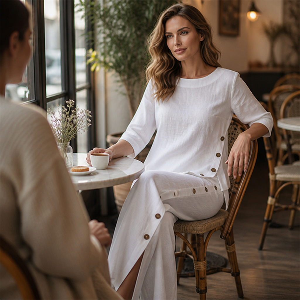 SilkaLuxe™ – Relaxed Linen-Feel Two-Piece Set with Asymmetric Button Hem