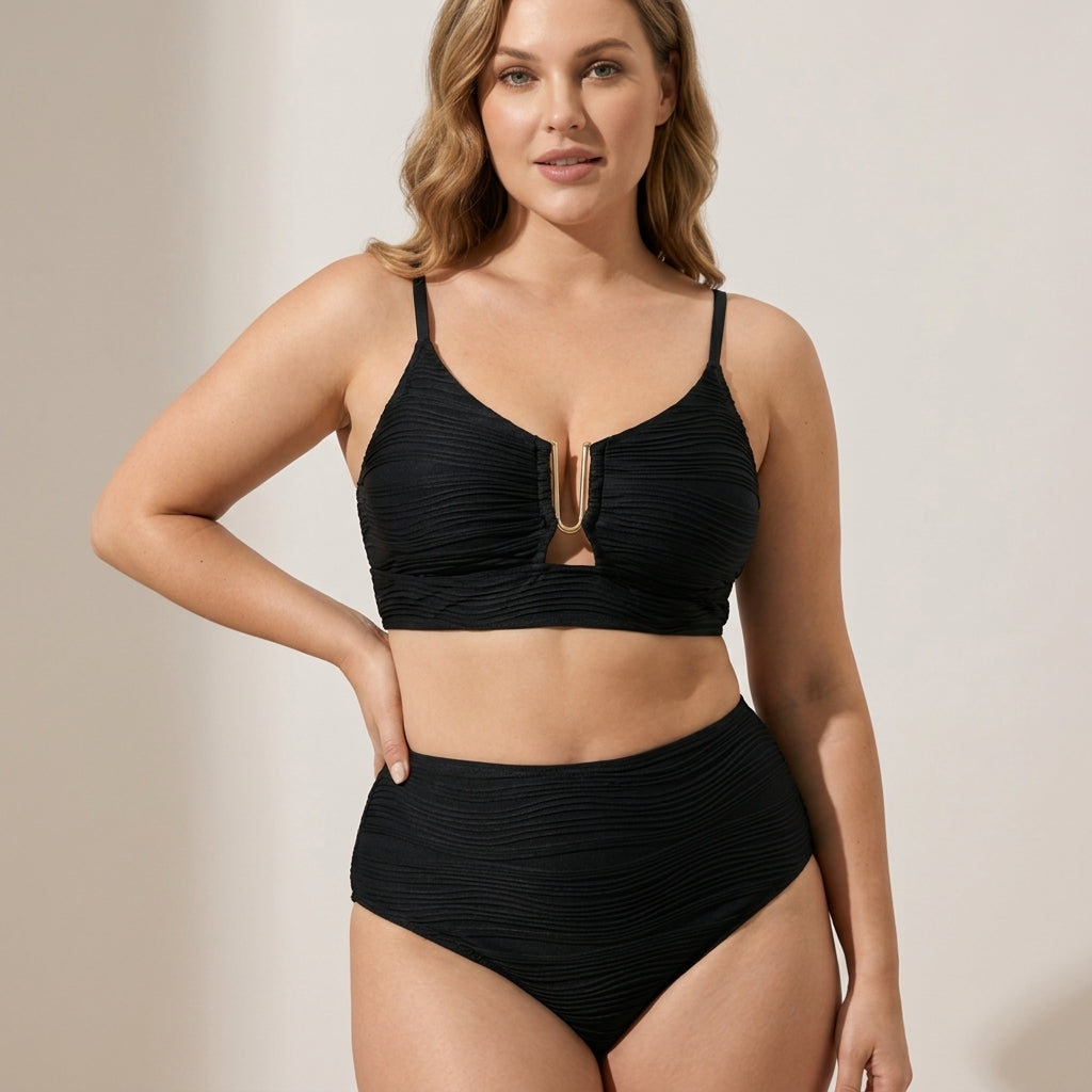 VeloraCurve™ – High-Waist Tummy-Control Bikini Set with Gold U-Wire
