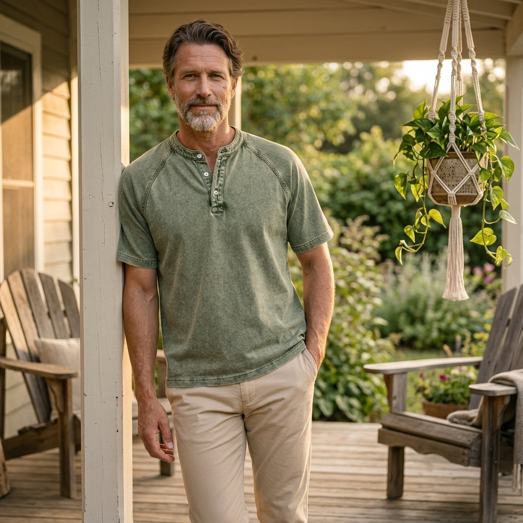 VesperLoom™ – Vintage Mineral-Wash Raglan Henley Tee