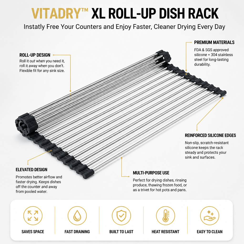 VitaDry™ XL Roll-Up Dish Rack — Instantly Free Your Counters and Enjoy Faster, Cleaner Drying Every Day