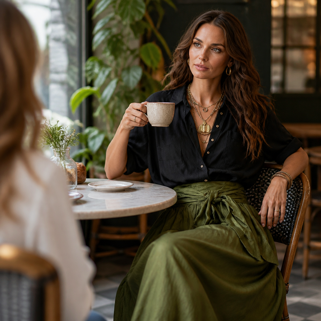 Veloura™ – Relaxed Linen Shirt & Tie-Waist Olive Midi Skirt Set