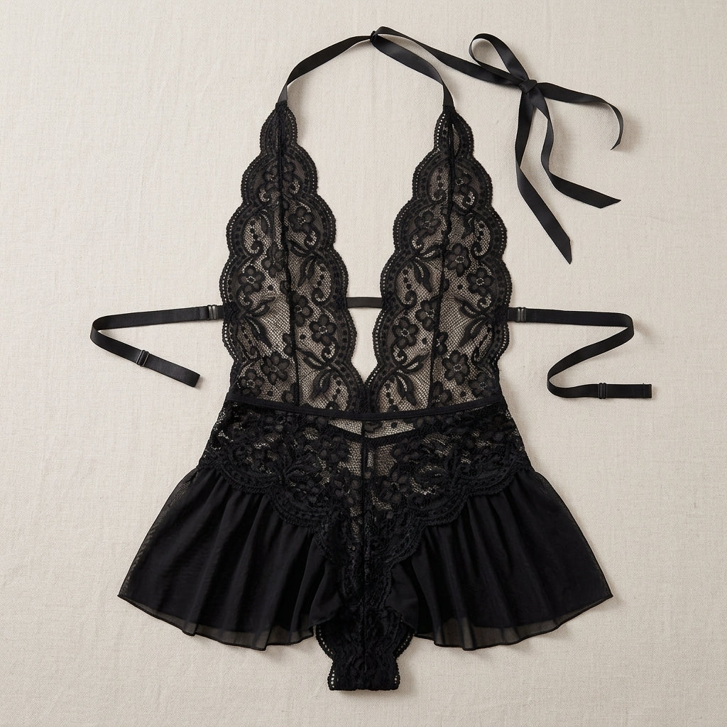 LunaCouture™ – Plunging Lace Halter Babydoll with Flared Mesh Skirt