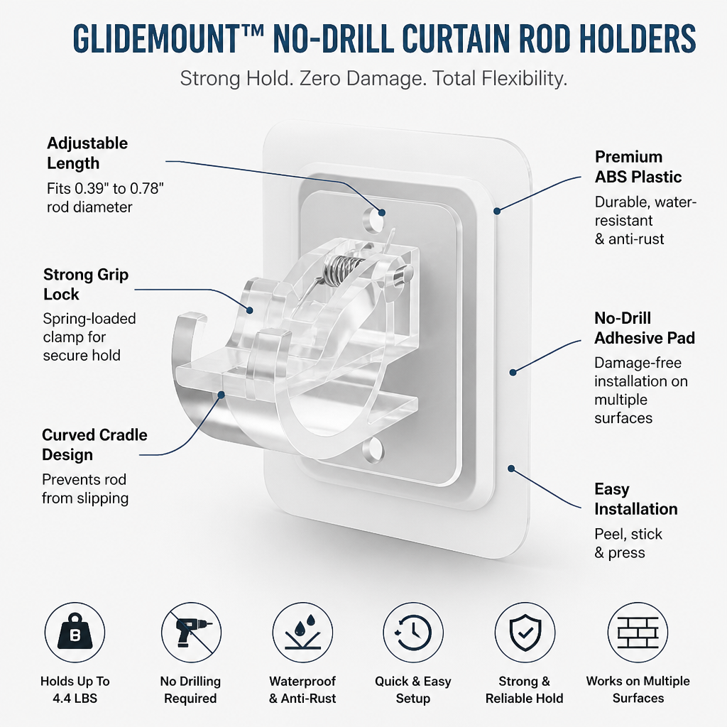 GlideMount™ — Hang Curtains Perfectly with Zero Damage or Drills