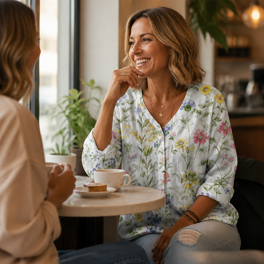 SerenLuxe™ – Breezy Cotton-Linen Floral Shirt with V-Neck