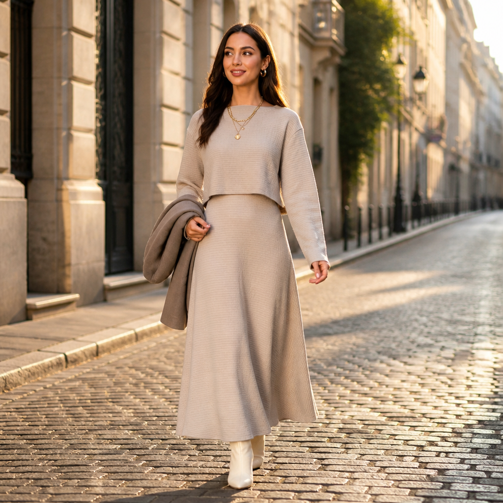 VivaBella™ – Sleek Two-Piece Knit Set with Asymmetrical One-Shoulder Top