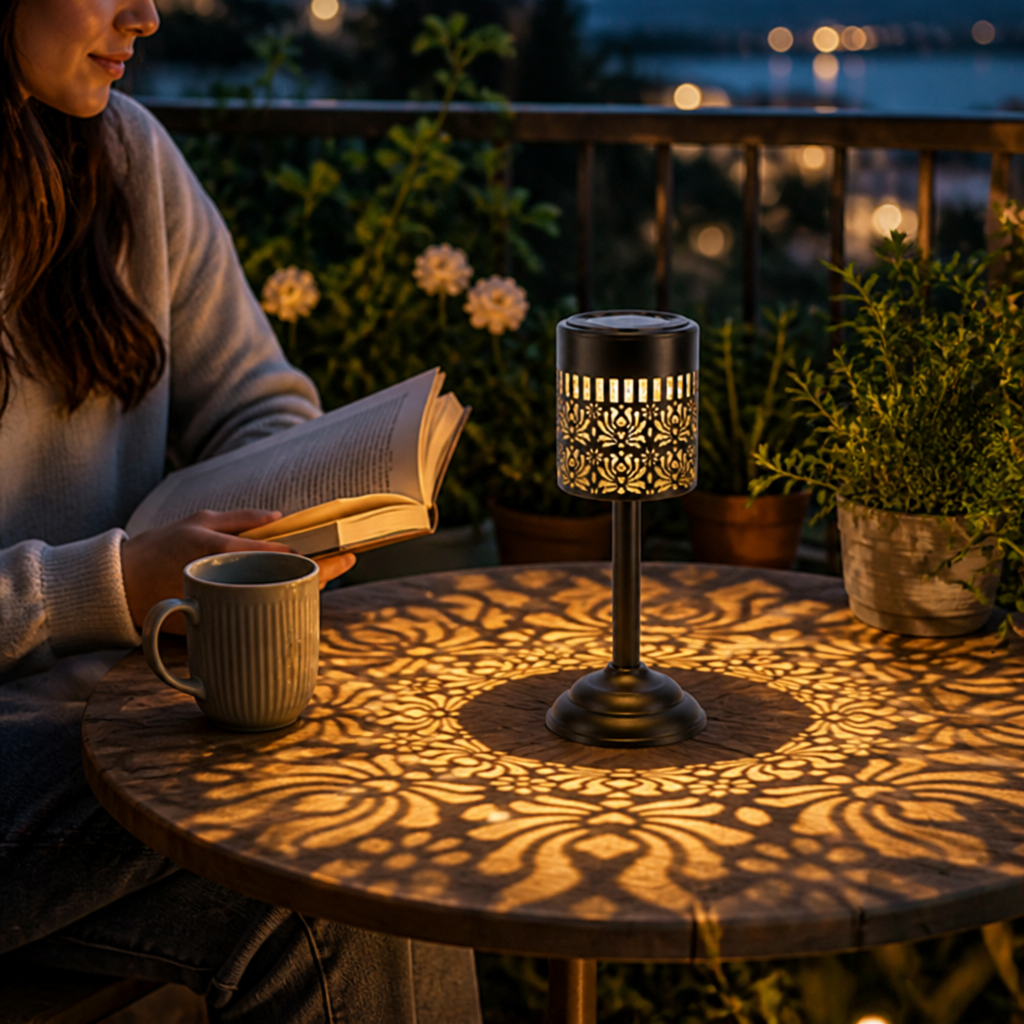 Solar-Powered Metal Filigree Outdoor Lantern (Floral Projection)