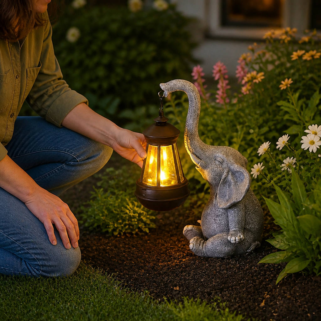 Solar-Powered Resin Warm-Glow Garden Lantern (Elephant Design)